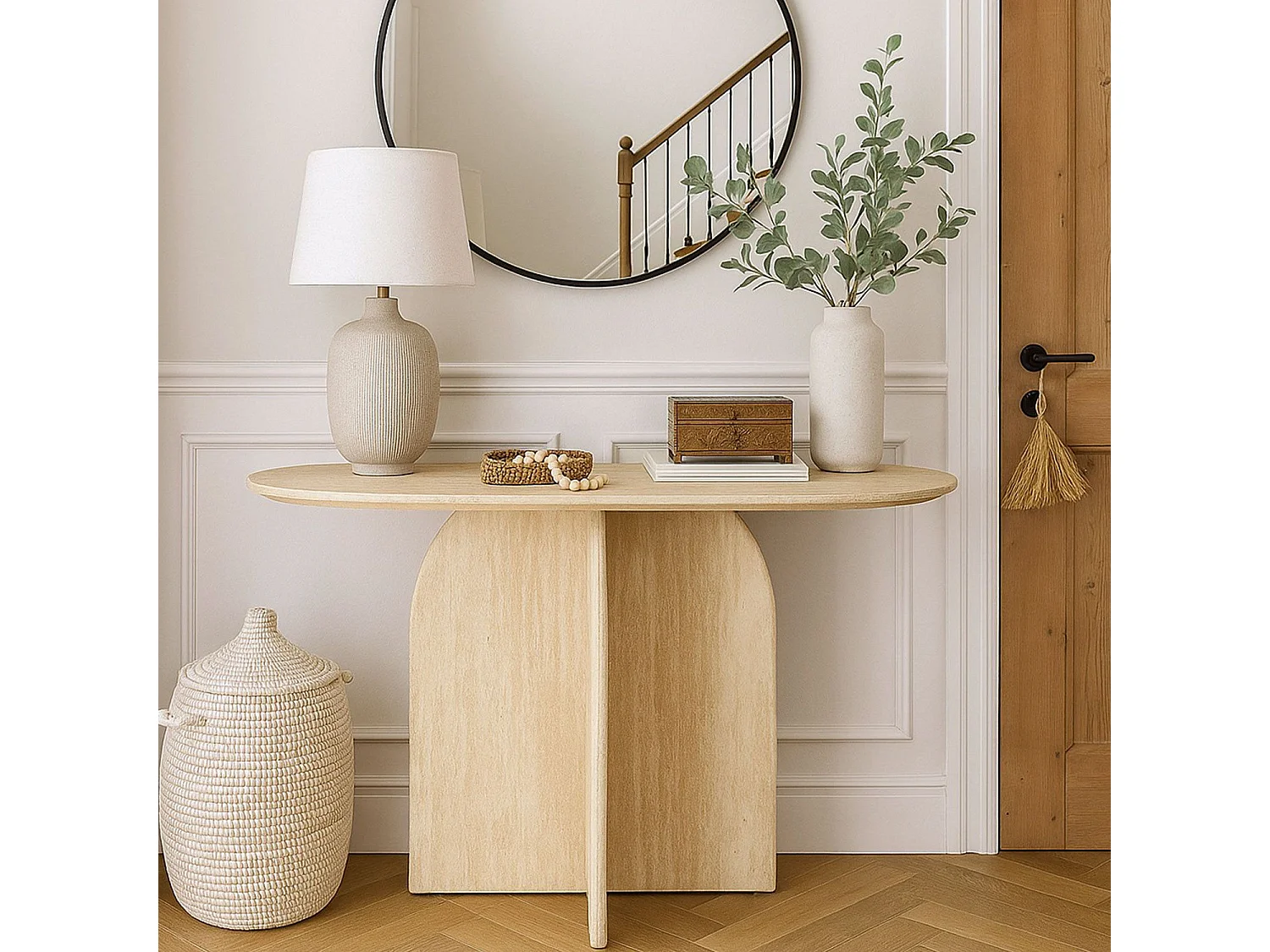 Console moderne ovale 120cm Calyptus Effet travertin Beige