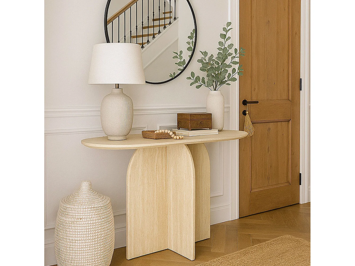 Console moderne ovale 120cm Calyptus Effet travertin Beige