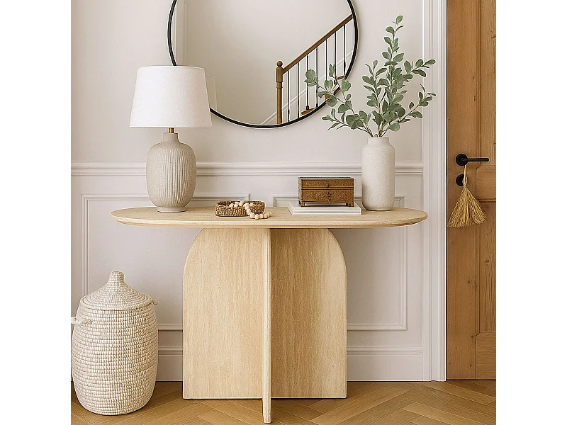 Console moderne ovale 120cm Calyptus Effet travertin Beige