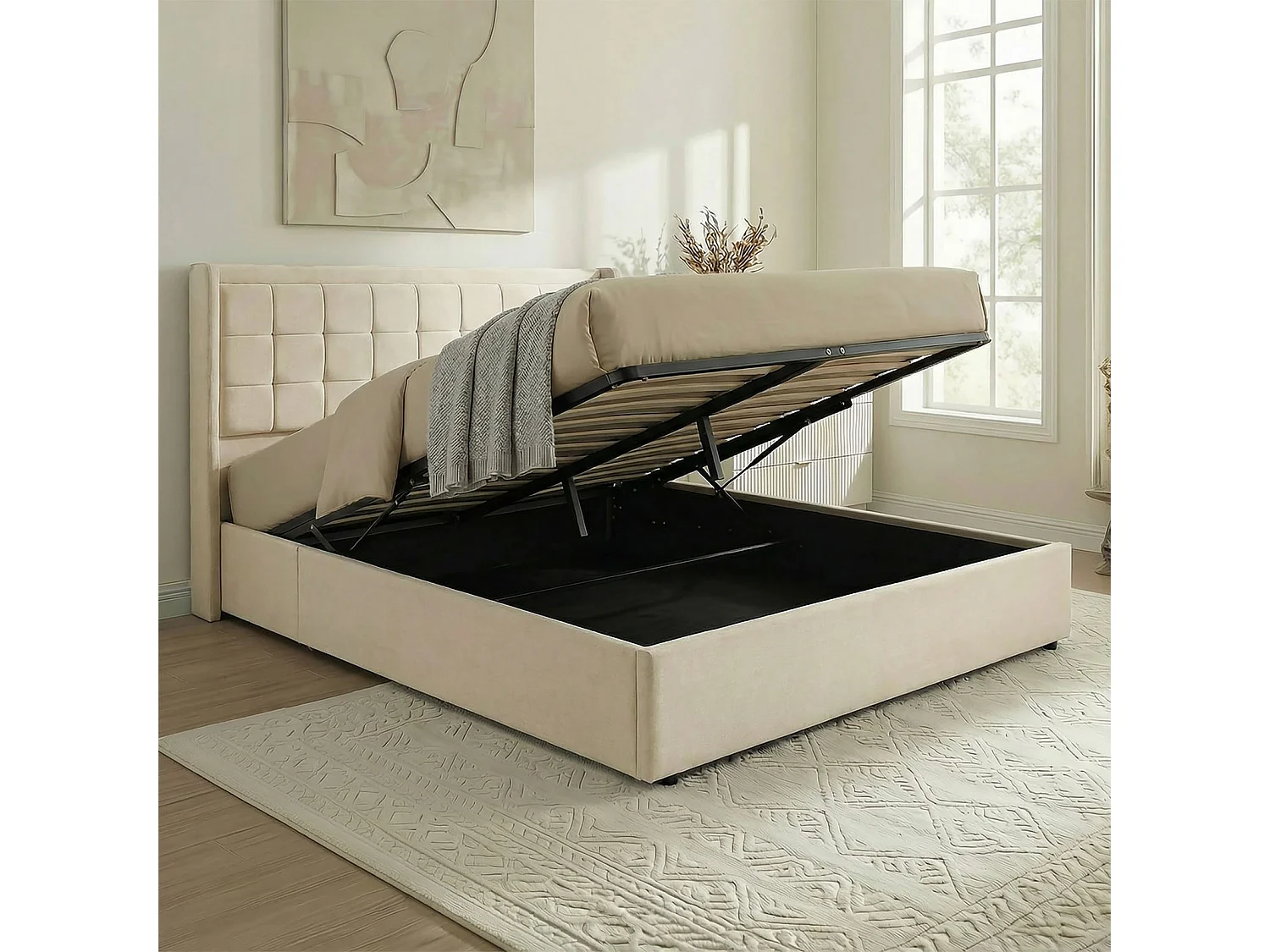 Lit Coffre YARO rembourré, Lit Double avec Rangement 160x200 cm, Blanc, Sommier à Lattes Inclus, Tête de Lit en Tissu