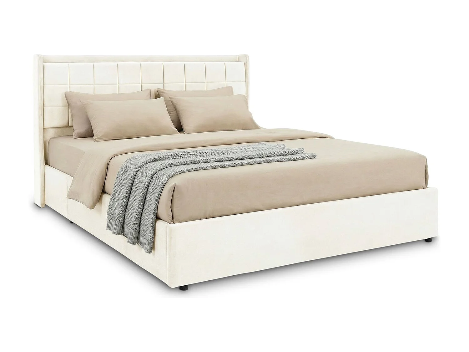 Lit Coffre YARO rembourré, Lit Double avec Rangement 160x200 cm, Blanc, Sommier à Lattes Inclus, Tête de Lit en Tissu