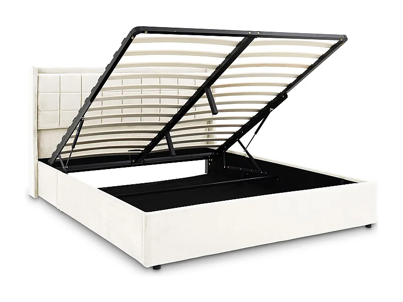 Lit Coffre YARO rembourré, Lit Double avec Rangement 160x200 cm, Blanc, Sommier à Lattes Inclus, Tête de Lit en Tissu