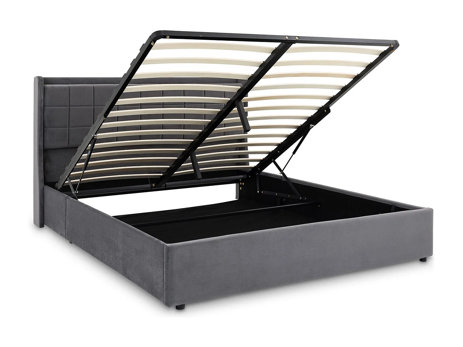 Lit Coffre YARO rembourré, Lit Double avec Rangement 160x200 cm, Gris Foncé, Sommier à Lattes Inclus, Tête de Lit en Tissu