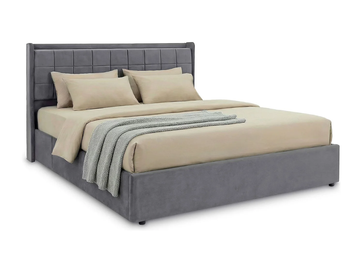 Lit Coffre YARO rembourré, Lit Double avec Rangement 160x200 cm, Gris Foncé, Sommier à Lattes Inclus, Tête de Lit en Tissu