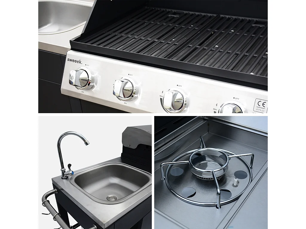 Barbacoa de gas con 4 quemadores + 1 fuego lateral, cocina exterior