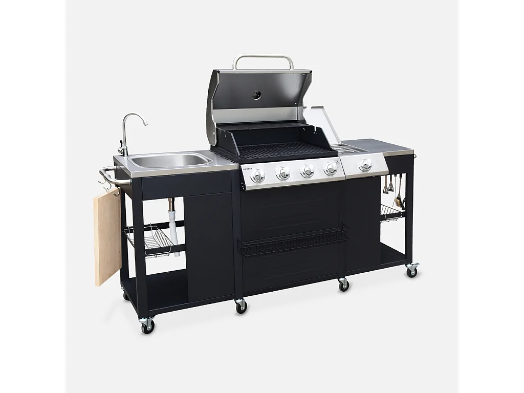 Barbacoa de gas de 4 quemadores con  1 fuego lateral negro