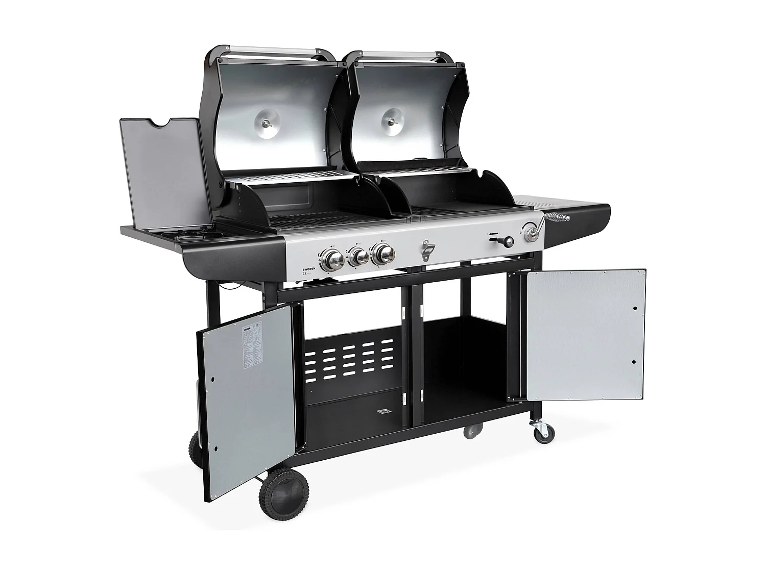 Barbecue 2 en 1 gaz et charbon. 3 brûleurs + 1 feu latéral. grill et fumoir avec tablettes et housse