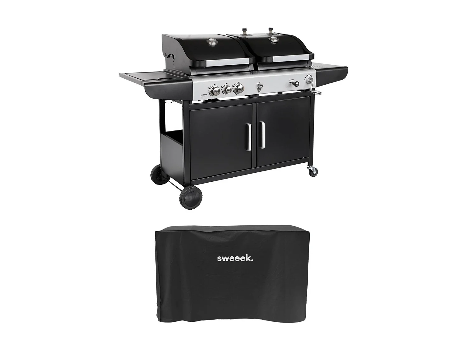 Barbecue 2 en 1 gaz et charbon. 3 brûleurs + 1 feu latéral. grill et fumoir avec tablettes et housse