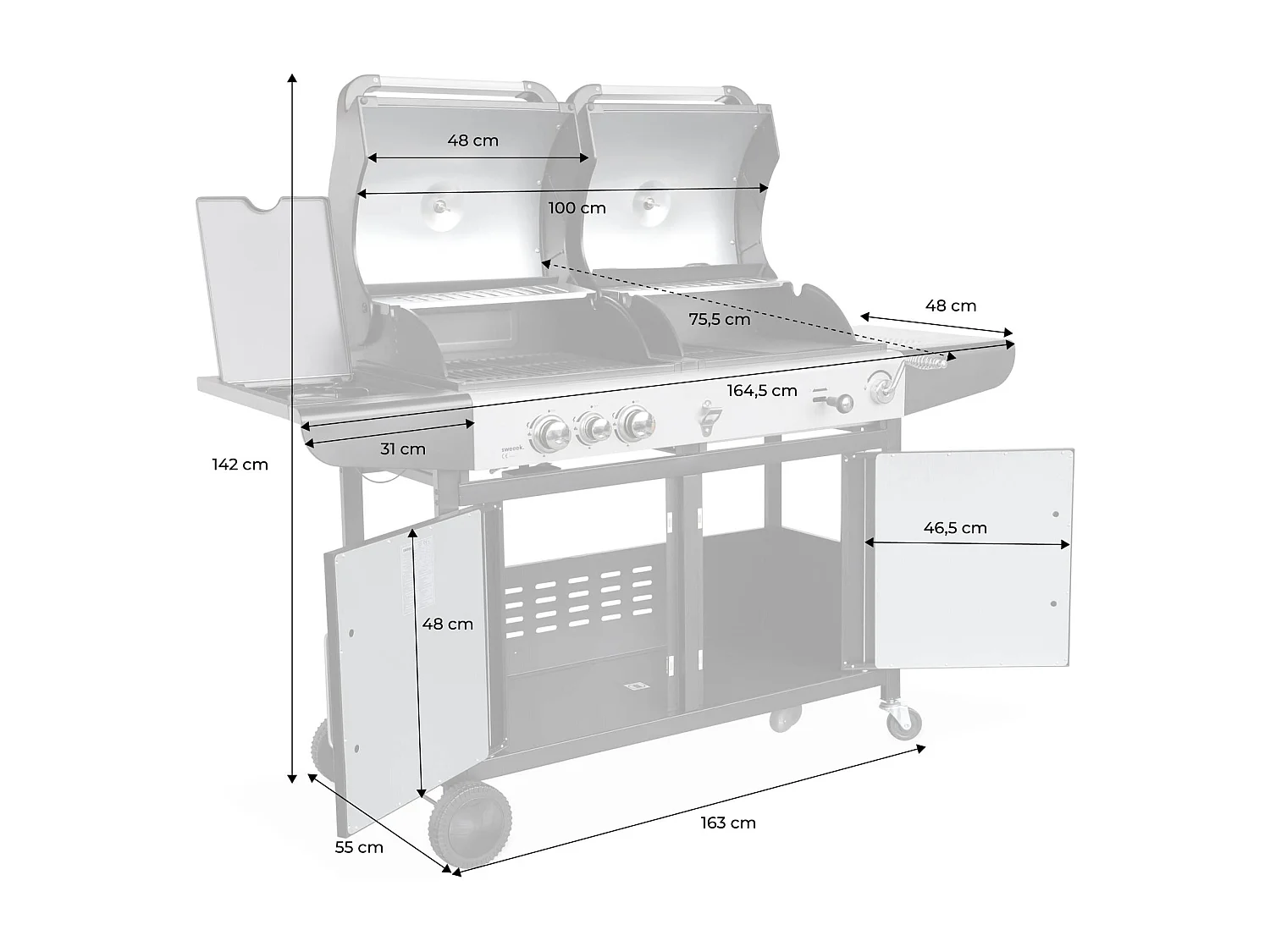 Barbecue 2 en 1 gaz et charbon. 3 brûleurs + 1 feu latéral. grill et fumoir avec tablettes et housse