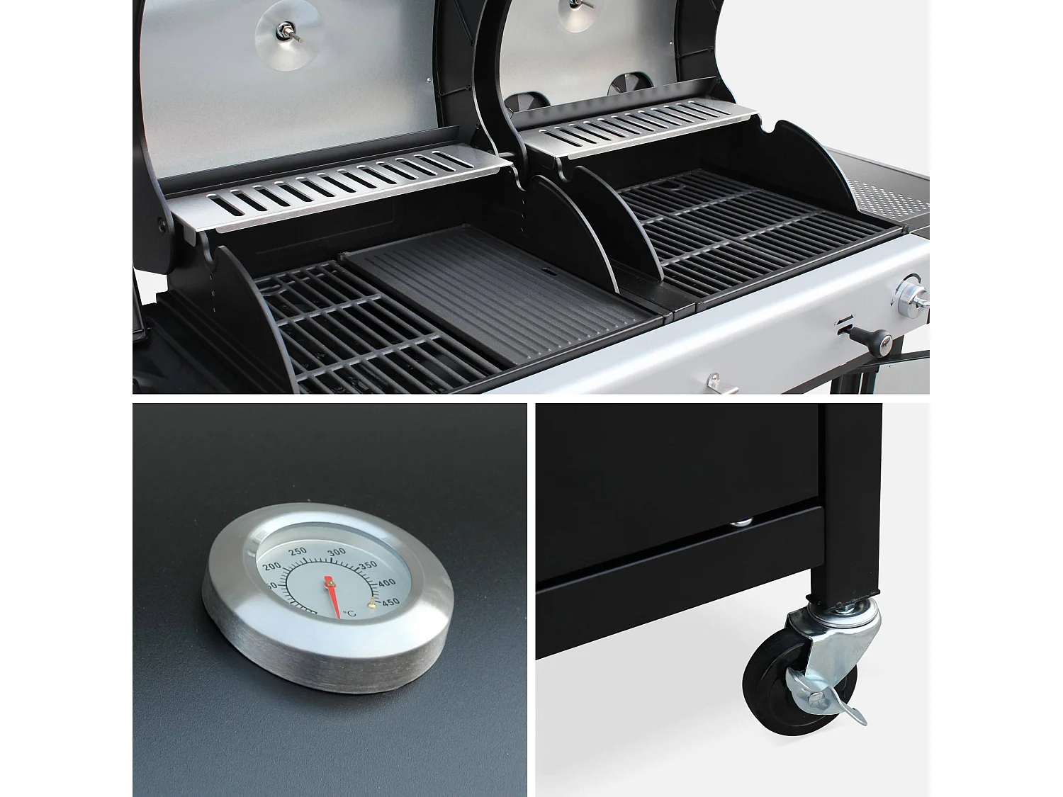 Barbecue 2 en 1 gaz et charbon. 3 brûleurs + 1 feu latéral. grill et fumoir avec tablettes et housse