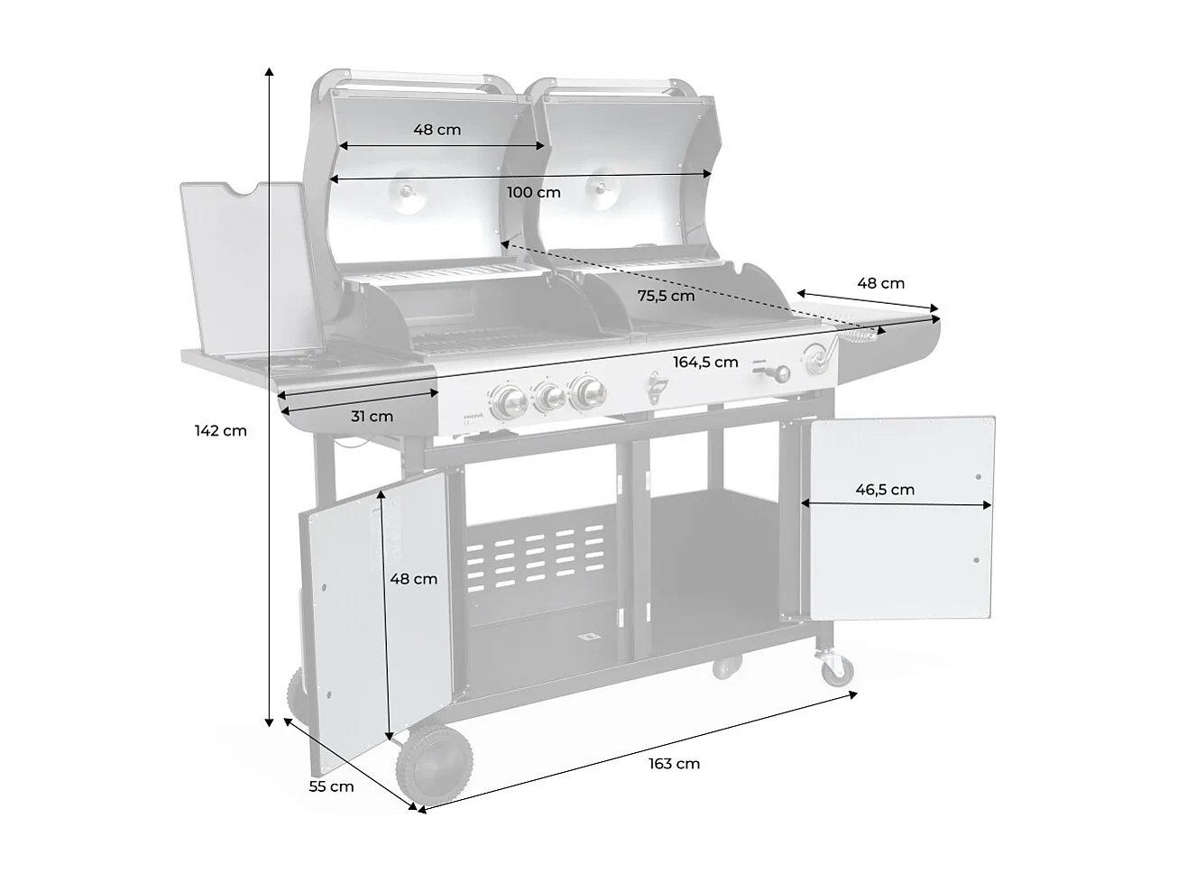Barbecue 2 en 1 gaz et charbon. 3 brûleurs + 1 feu latéral. grill et fumoir avec tablettes et housse