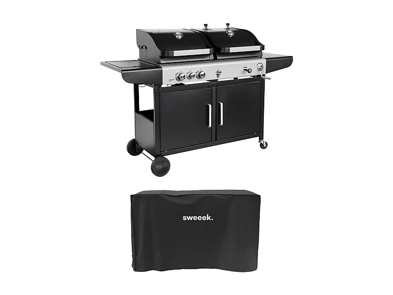 Barbecue 2 en 1 gaz et charbon. 3 brûleurs + 1 feu latéral. grill et fumoir avec tablettes et housse