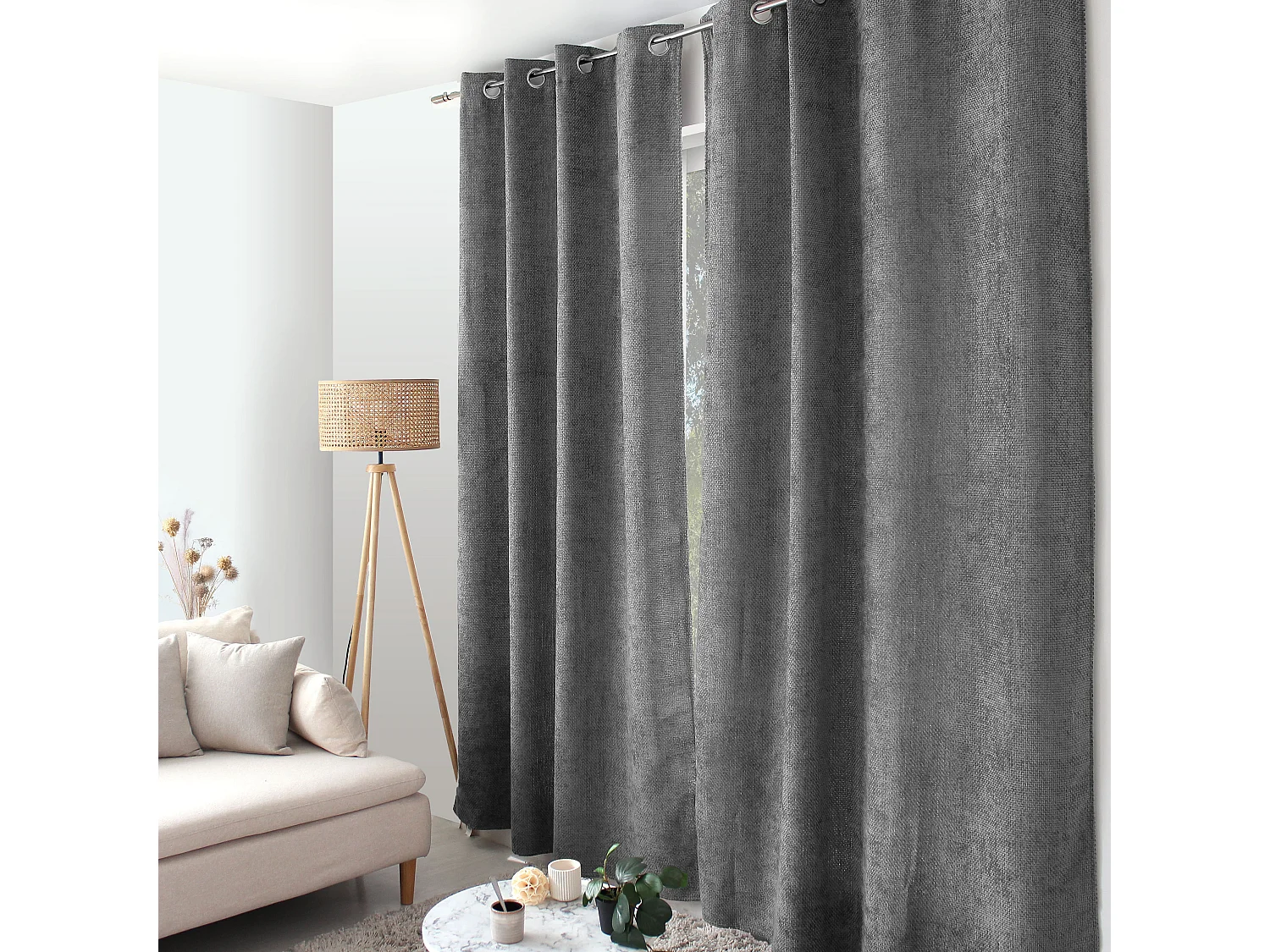 Lot de 2 Rideaux Velours Chenillé, à Œillets, Gris Foncé, 100% polyester, Collection Kamala