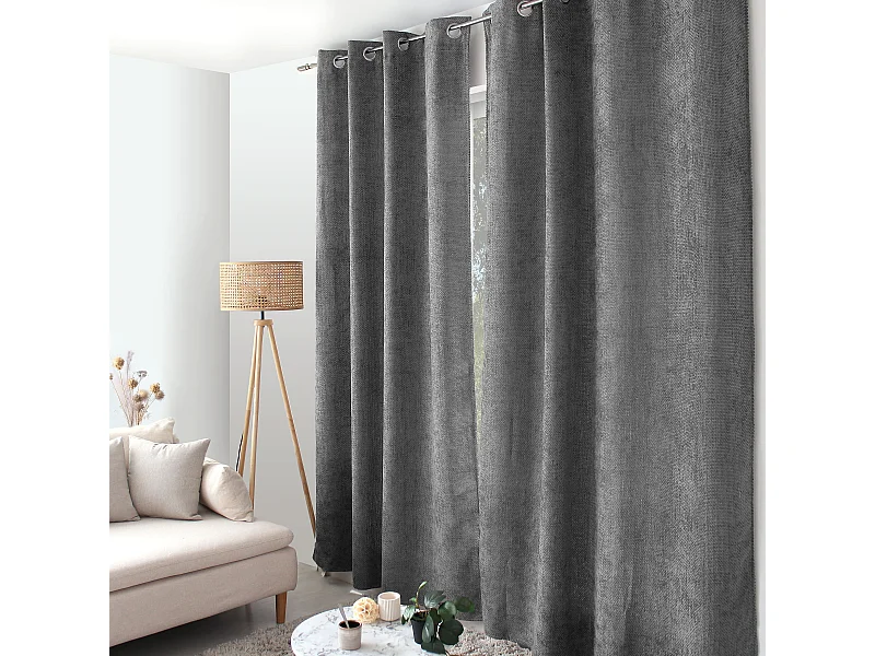Lot de 2 Rideaux Velours Chenillé, à Œillets, Gris Foncé, 100% polyester, Collection Kamala