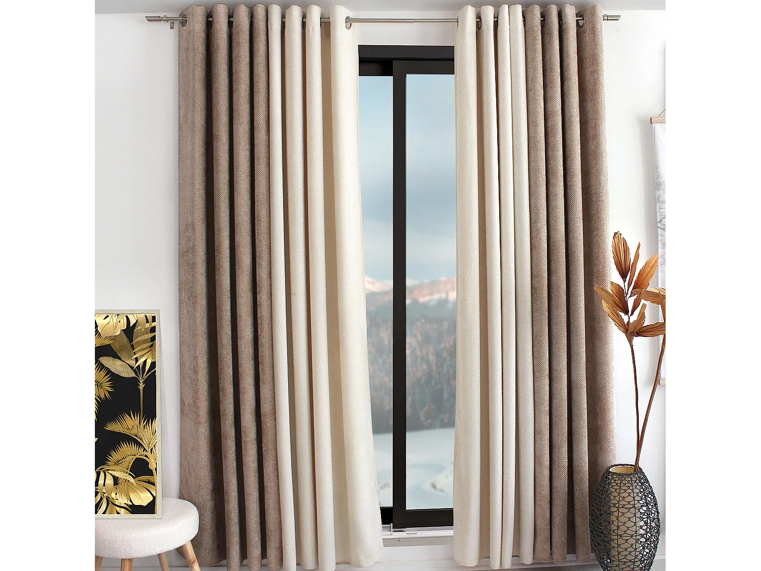 Lot de 2 Rideaux Velours Chenillé, à Œillets, Beige Naturel, 100% polyester, Collection Kamala