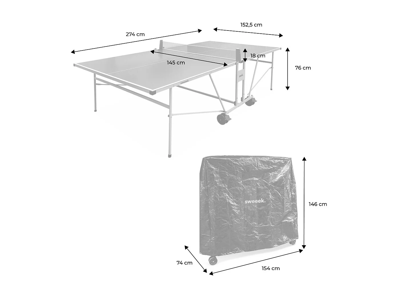 Table de ping pong INDOOR gris. avec 2 raquettes et 3 balles. utilisation intérieure + Housse en PVC