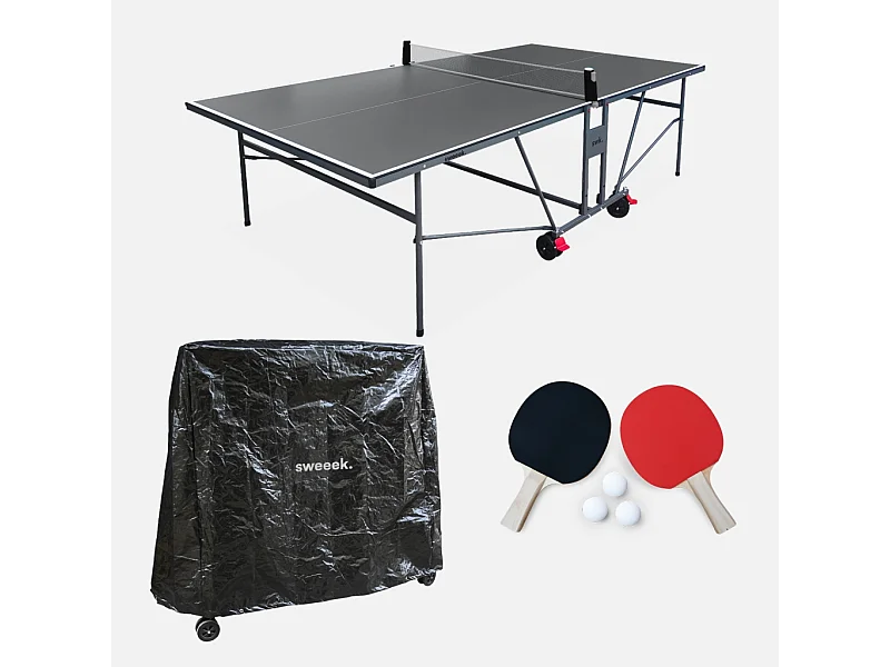 Table de ping pong INDOOR gris. avec 2 raquettes et 3 balles. utilisation intérieure + Housse en PVC