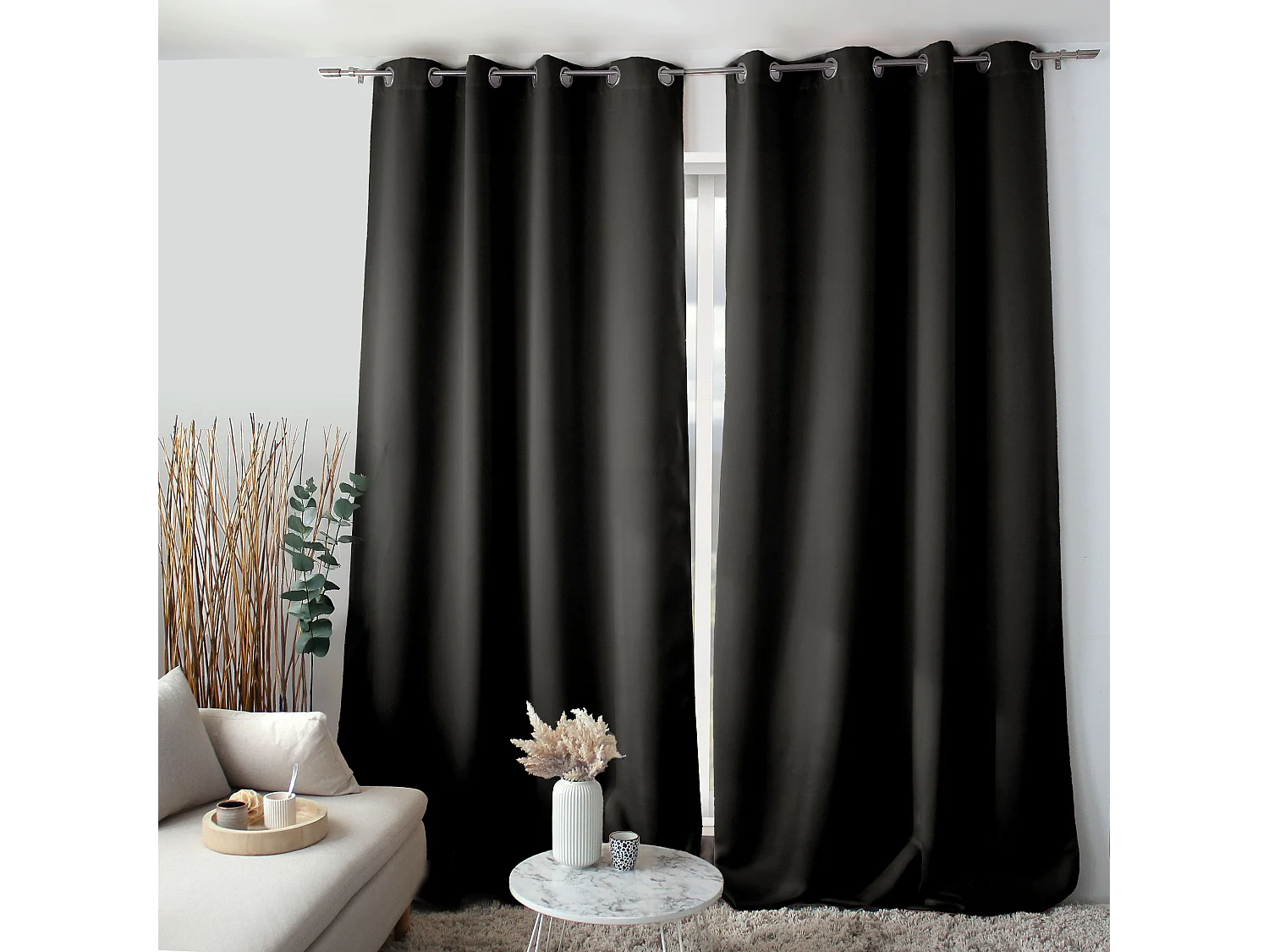 Lot de 2 rideaux Anti-Feu Occultant avec Œillets, Noir, 140x260cm, Catégorie Ignifugé M1, Collection Flamme