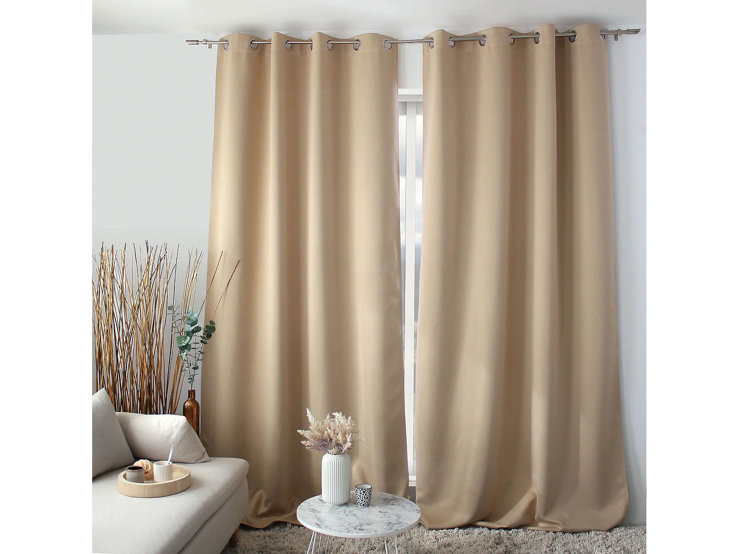 Lot de 2 rideaux Anti-Feu Occultant avec Œillets, Beige Naturel, 140x260cm, Catégorie Ignifugé M1, Collection Flamme