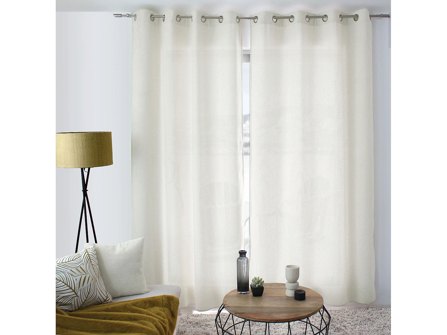 Lot de 2 Rideaux Velours Chenillé, à Œillets, 140x240cm, 100% polyester, Collection Kamala, CMADECO - Blanc