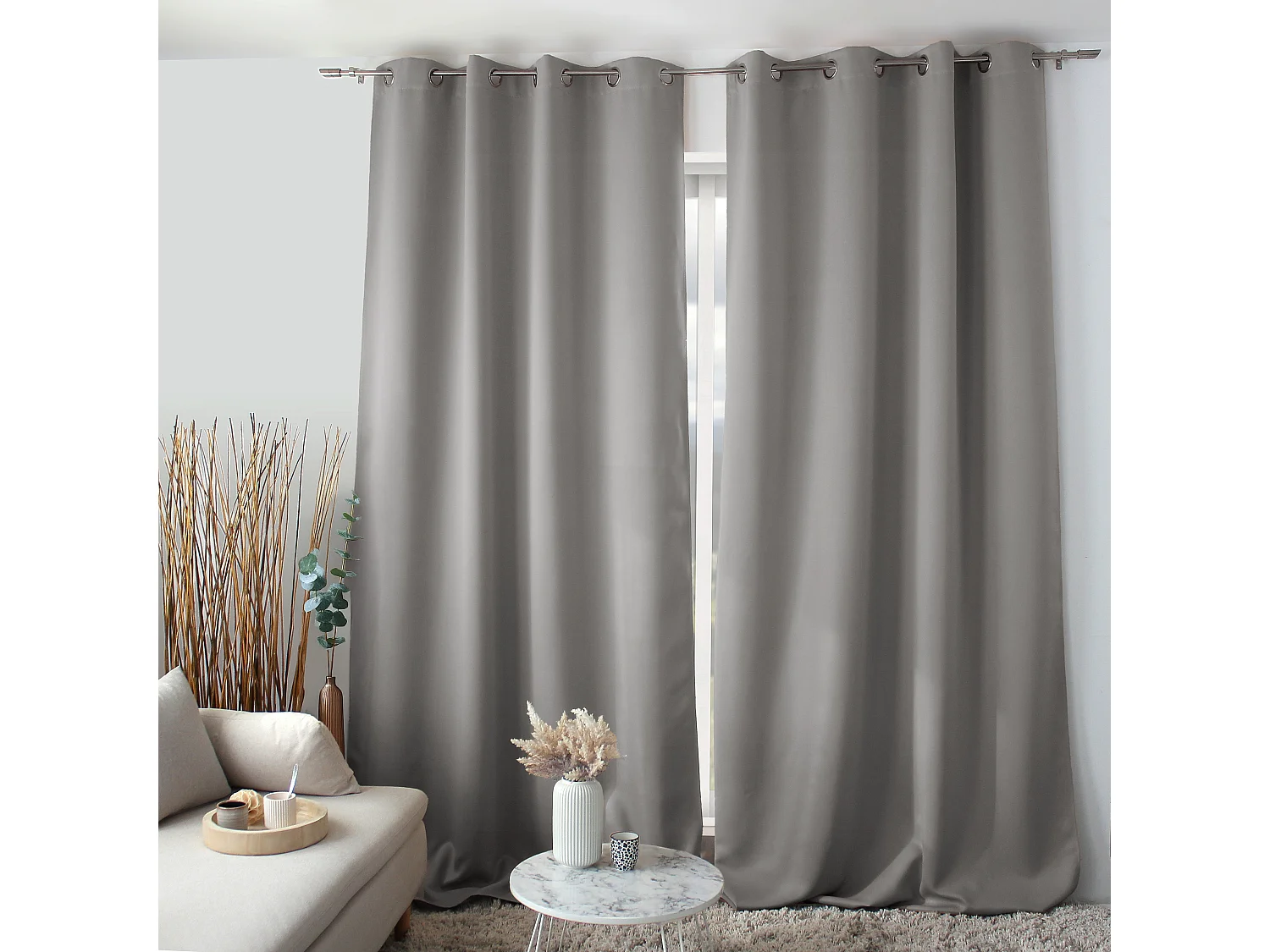Lot de 2 rideaux Anti-Feu Occultant avec Œillets, Gris Clair, 140x260cm, Catégorie Ignifugé M1, Collection Flamme