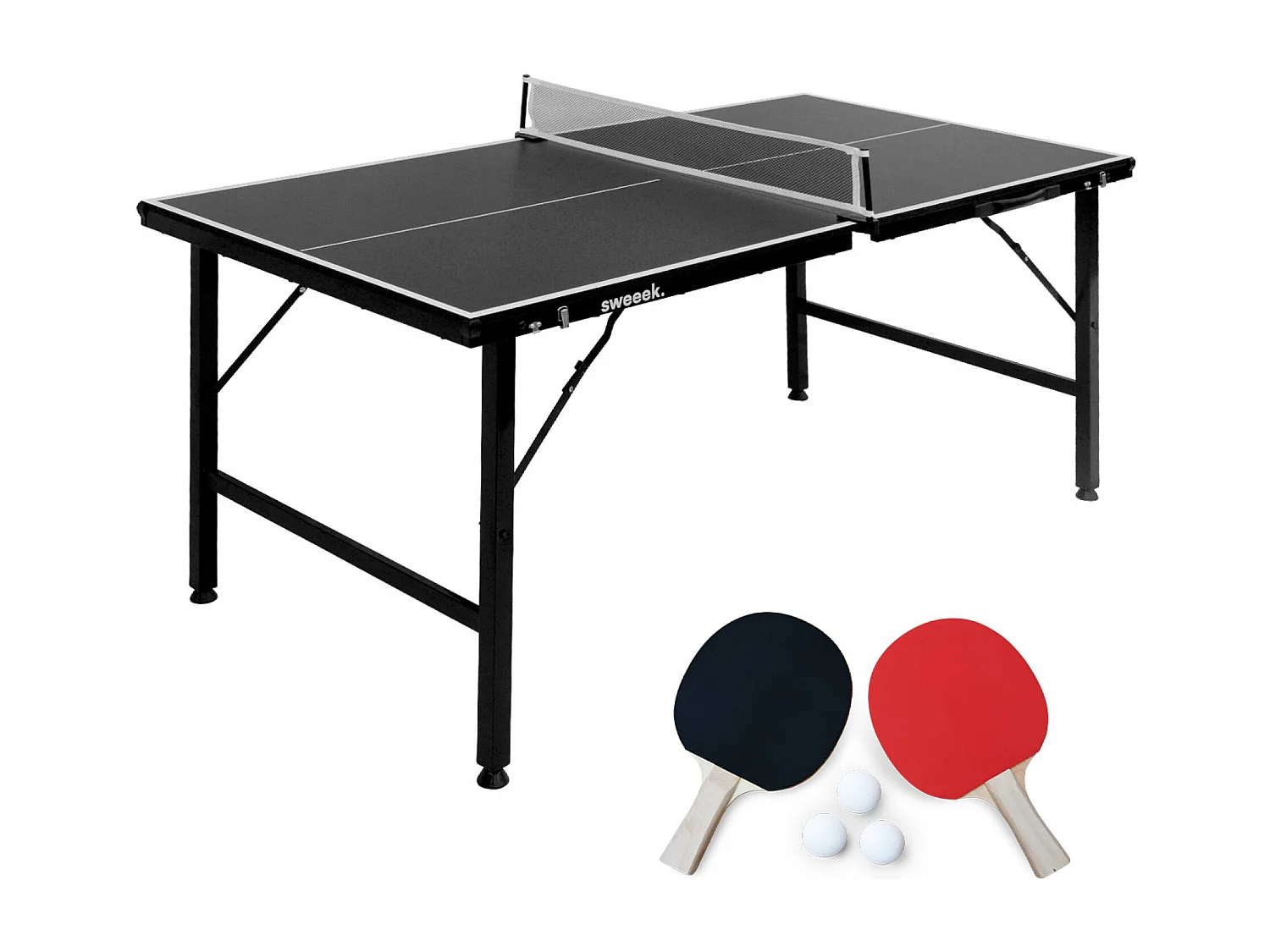 Mini table de ping pong 150x75cm - table pliable INDOOR noir. avec 4 raquettes et 6 balles
