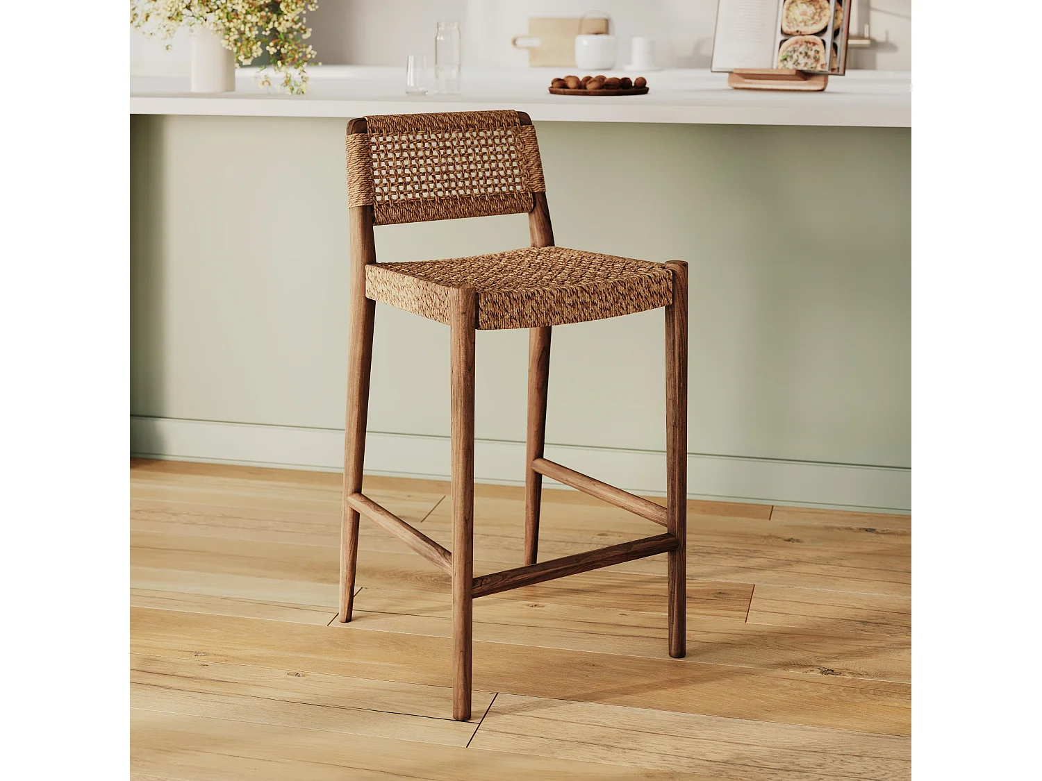 Chaise pour îlot central 65 cm en teck vernis et tissage synthétique - Yaba