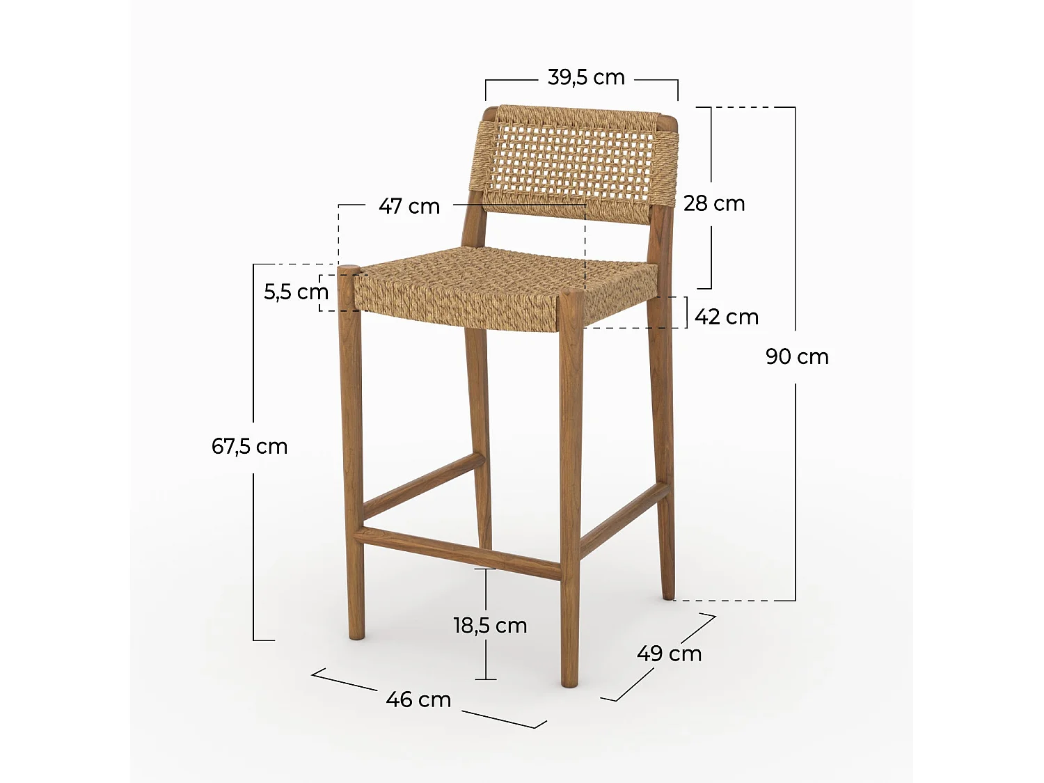 Chaise pour îlot central 65 cm en teck vernis et tissage synthétique - Yaba