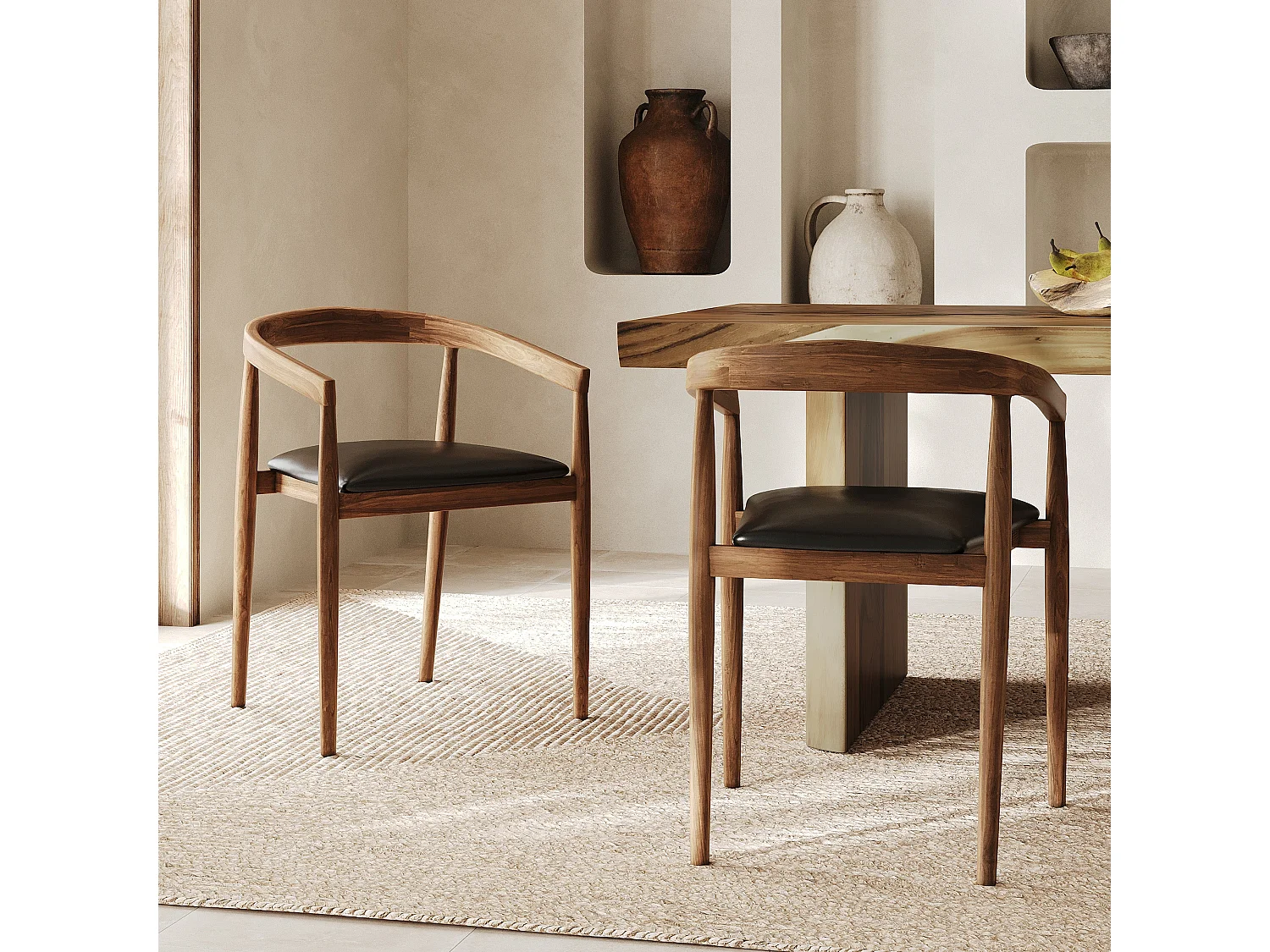 Set di 2 sedie in legno di teak verniciato e seduta in pelle nera - Bali