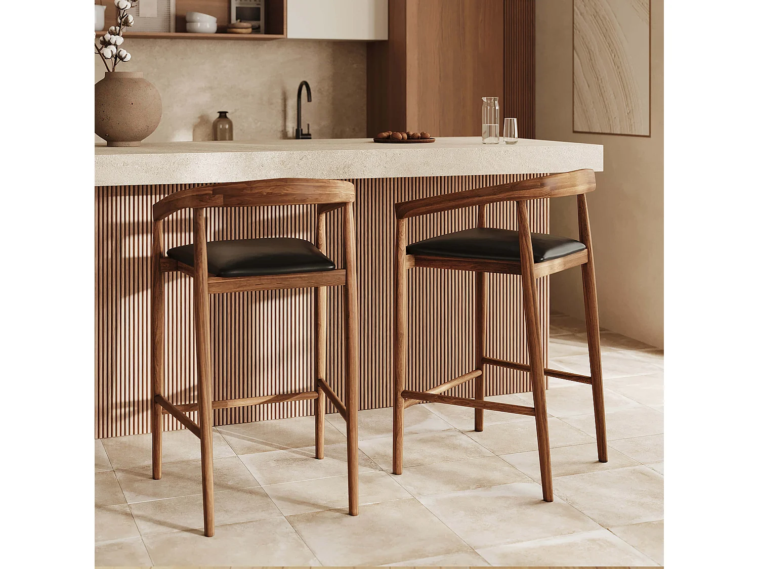 Lot de 2 chaises de bar 77 cm en teck vernis et assise en cuir noir - Bali