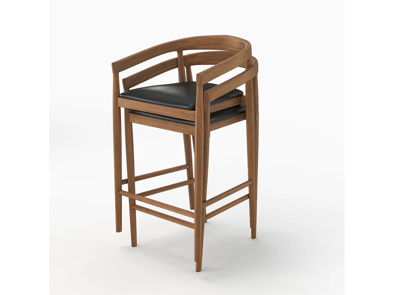 Lot de 2 chaises de bar 77 cm en teck vernis et assise en cuir noir - Bali