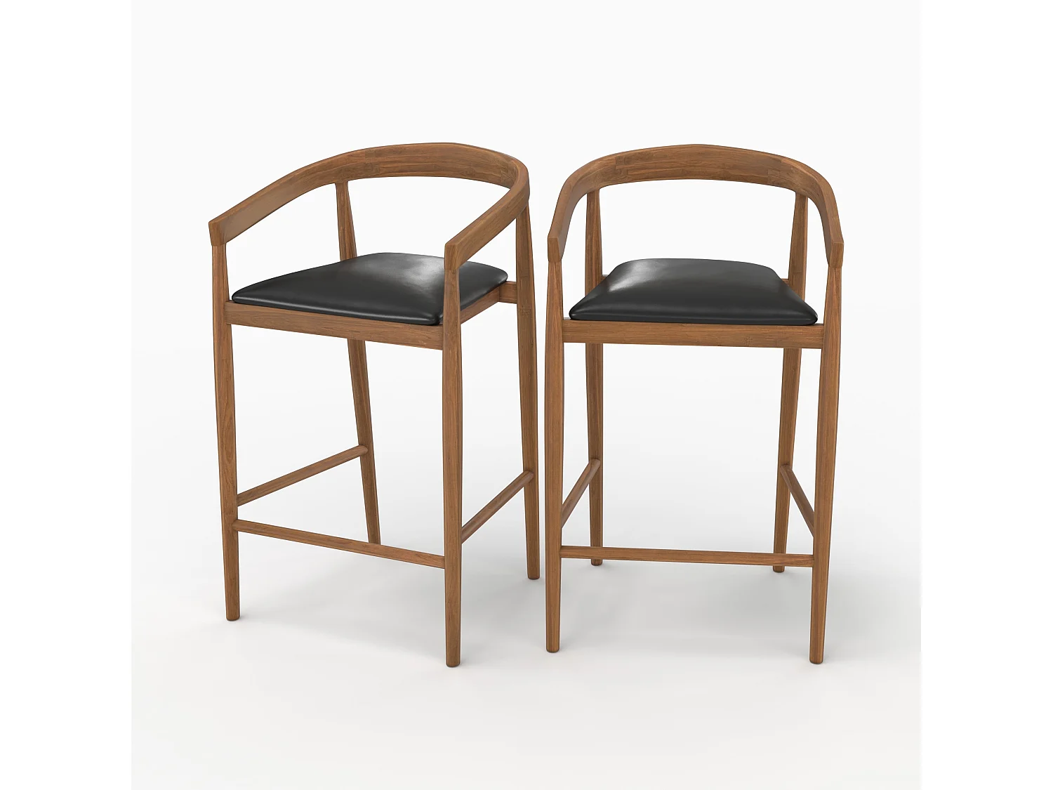 Lot de 2 chaises de bar 77 cm en teck vernis et assise en cuir noir - Bali