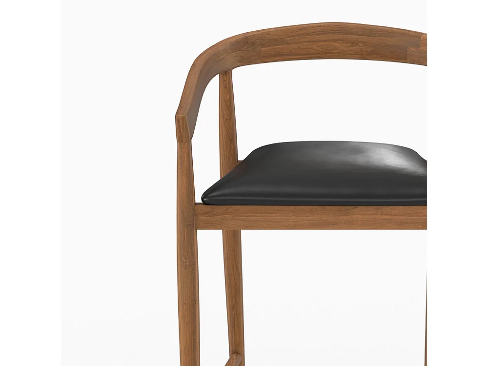 Lot de 2 chaises de bar 77 cm en teck vernis et assise en cuir noir - Bali