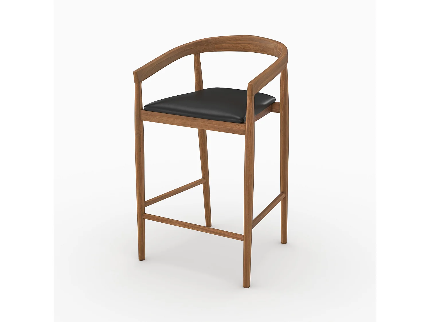 Set of 2 bar stools, 77 cm, in varnished teak with black leather seats - Bali