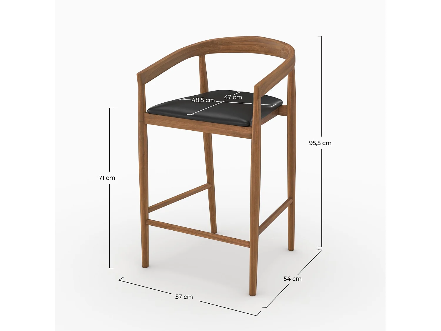 Set of 2 bar stools, 77 cm, in varnished teak with black leather seats - Bali