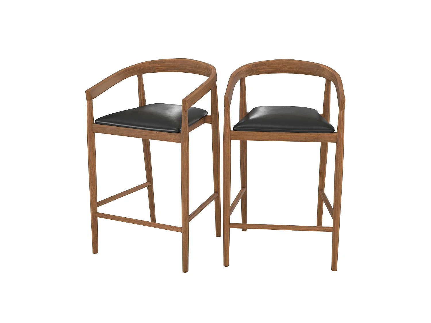 Set of 2 bar stools, 77 cm, in varnished teak with black leather seats - Bali
