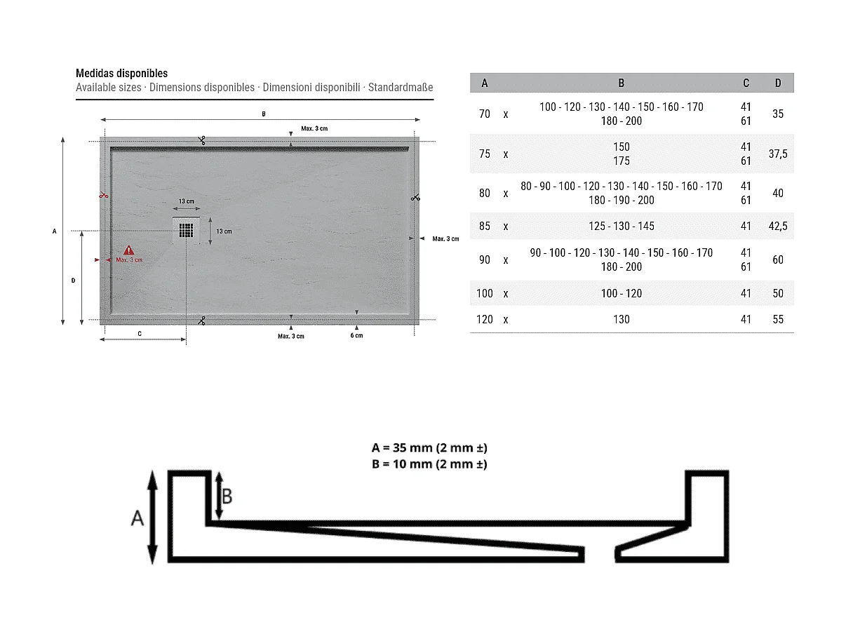 Receveur de douche 90 x 130 cm extra plat gris en résine minérale SARIN Acier inoxydable
