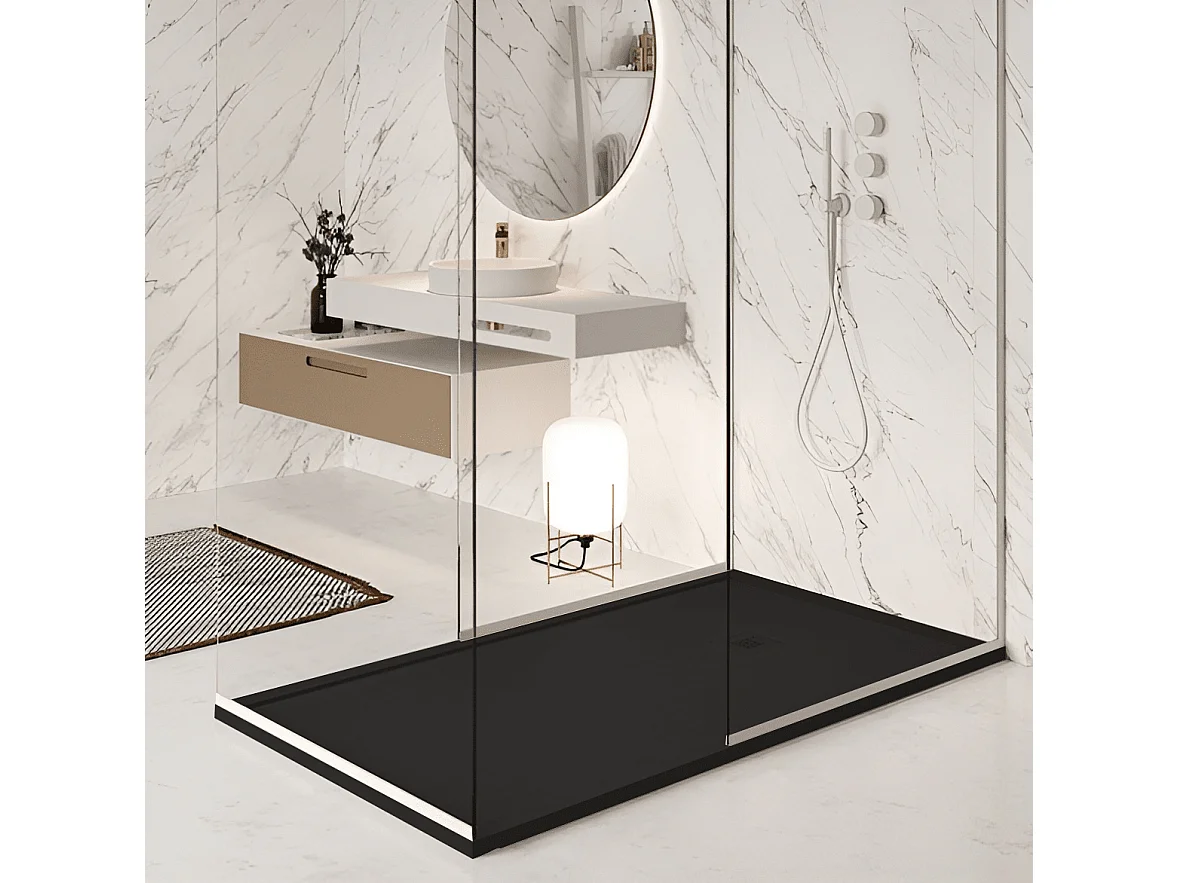 Mineralguss-Duschwanne extra flach mit Rand SARIN SCHWARZ 75x150 cm  Ablaufschutz in Chrom