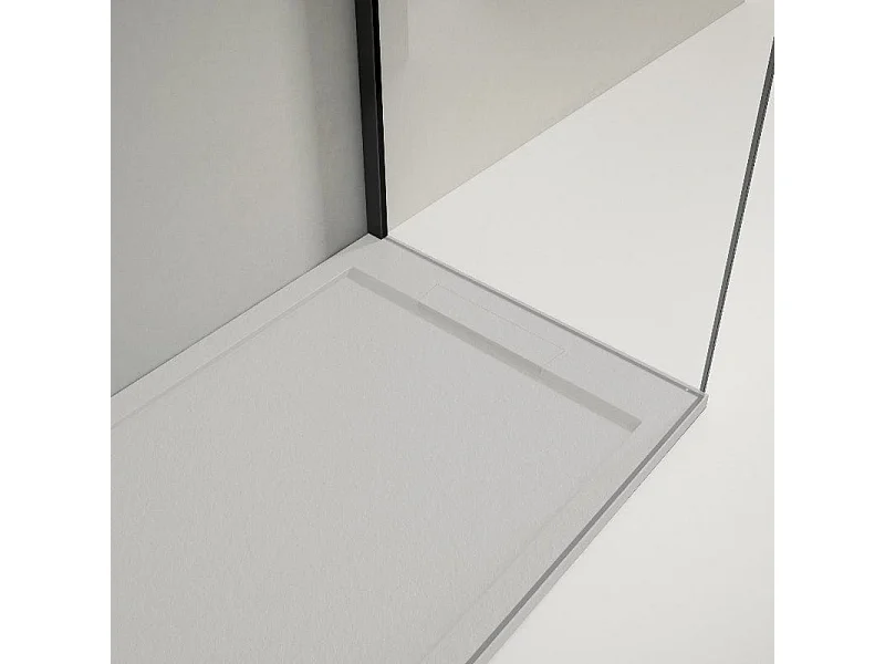 Mineralguss-Duschwanne extra flach LUX Schieferoptik grau 90x160cm Edelstahl in gleicher Farbe Auslaufschutz in Farbe
