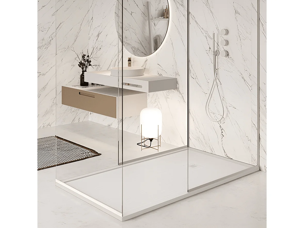 Mineralguss-Duschwanne extra flach mit Rand SARIN WEISS 80x120 cm  Auslaufschutz in Farbe