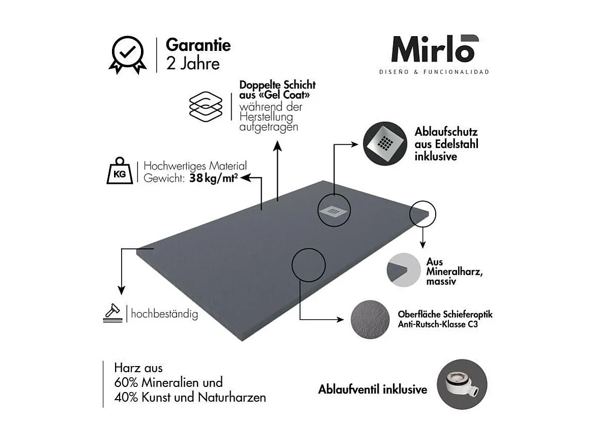 Receveur de douche 80x170cm extra plat LUX en résine surface ardoisée gris