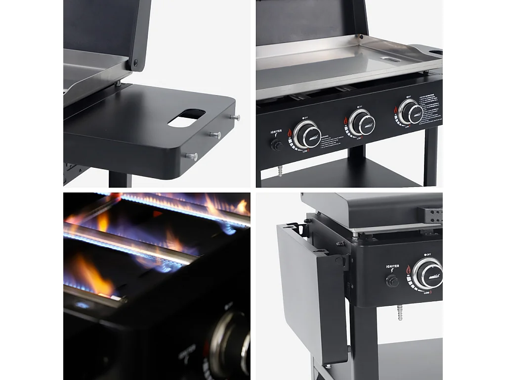 Plancha de gas 3 quemadores acero inoxidable con carrito, 12kw negro