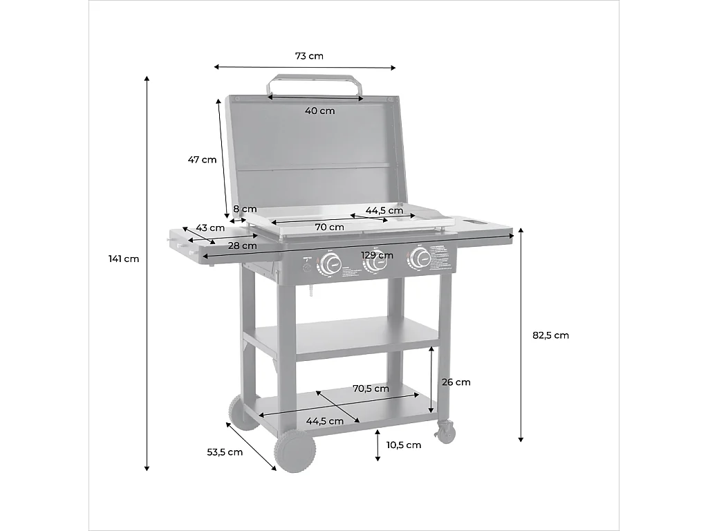 Plancha de gas 3 quemadores acero inoxidable con carrito, 12kw negro