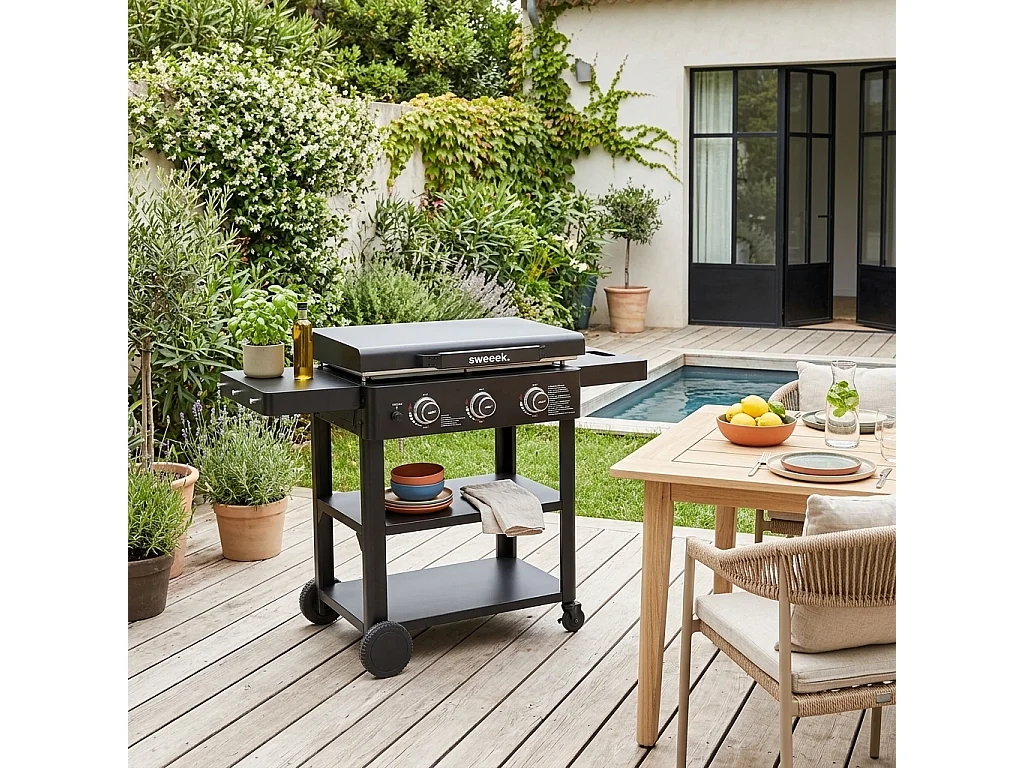 Plancha de gas 3 quemadores acero inoxidable con carrito, 12kw negro