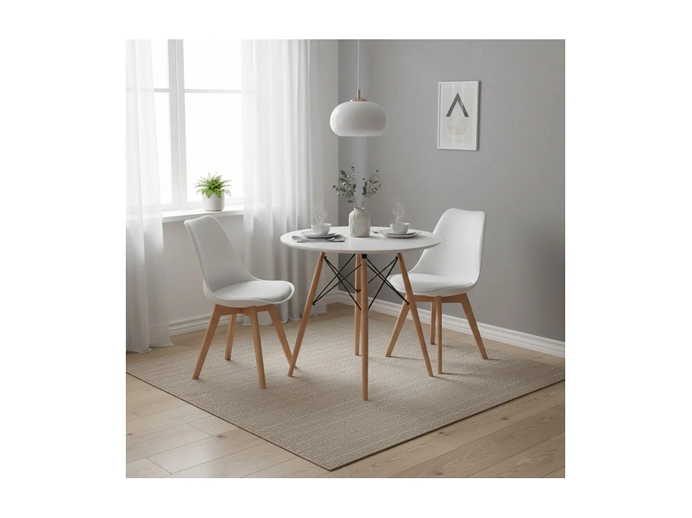 Lot de 4 Chaises de salle à manger avec coussin coloris blanc et pieds en bois - Longueur 42,5 x Hauteur 82,5 x Profondeur 42 cm