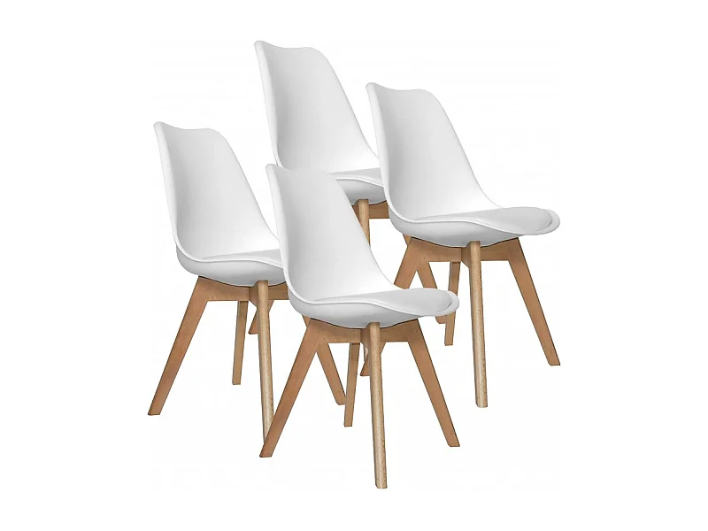 Lot de 4 Chaises de salle à manger avec coussin coloris blanc et pieds en bois - Longueur 42,5 x Hauteur 82,5 x Profondeur 42 cm
