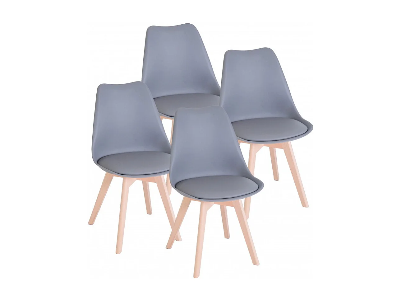 Lot de 4 Chaises de salle à manger avec coussin coloris gris et pieds en bois - Longueur 42,5 x Hauteur 82,5 x Profondeur 42 cm