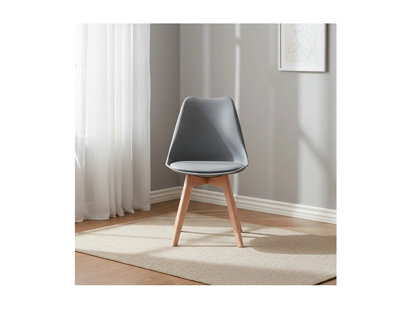 Lot de 4 Chaises de salle à manger avec coussin coloris gris et pieds en bois - Longueur 42,5 x Hauteur 82,5 x Profondeur 42 cm