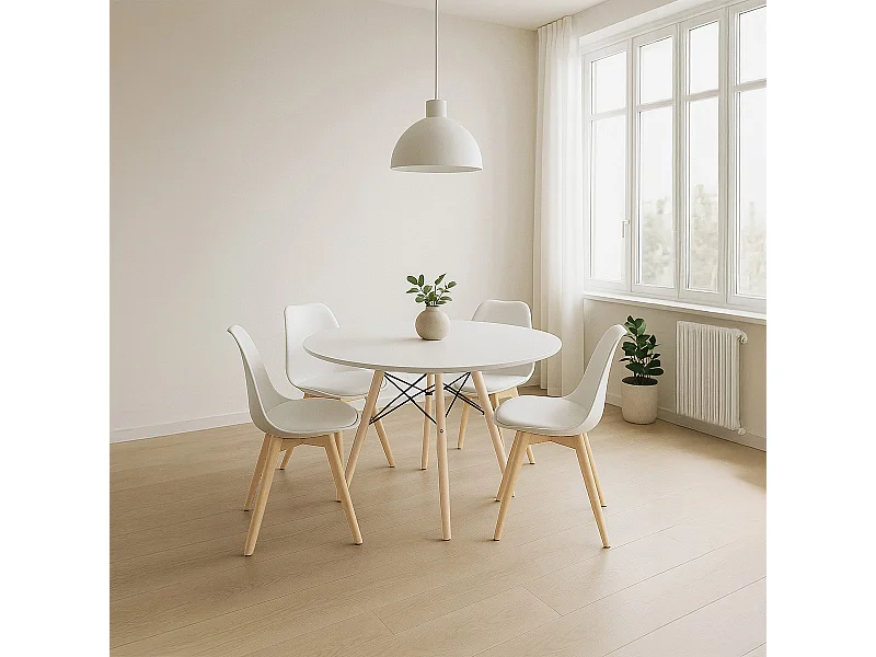 Table d'appoint ronde table de salle à manger blanche avec pieds en bois naturel coloris Blanc - Diamètre 60 x Hauteur 70 cm
