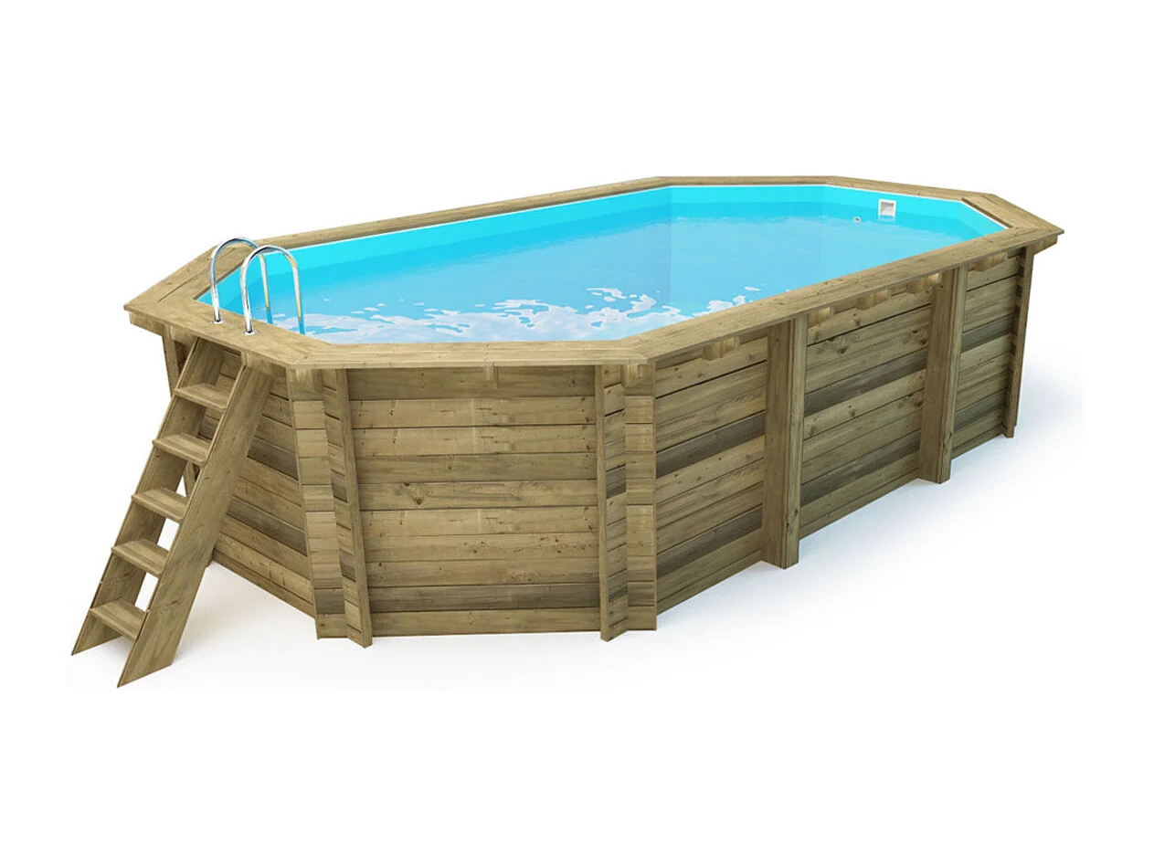 Piscina de madera octogonal Seychelles 4x3m, pino tratado, filtración de arena 4m³/h, cobertores verano 180µ & invierno 280g/m²